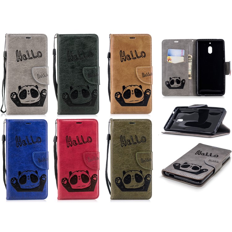 For Nokia 2.1 Imprinted Hello Panda Wallet Stand Leather Mobile Case - Grey-11