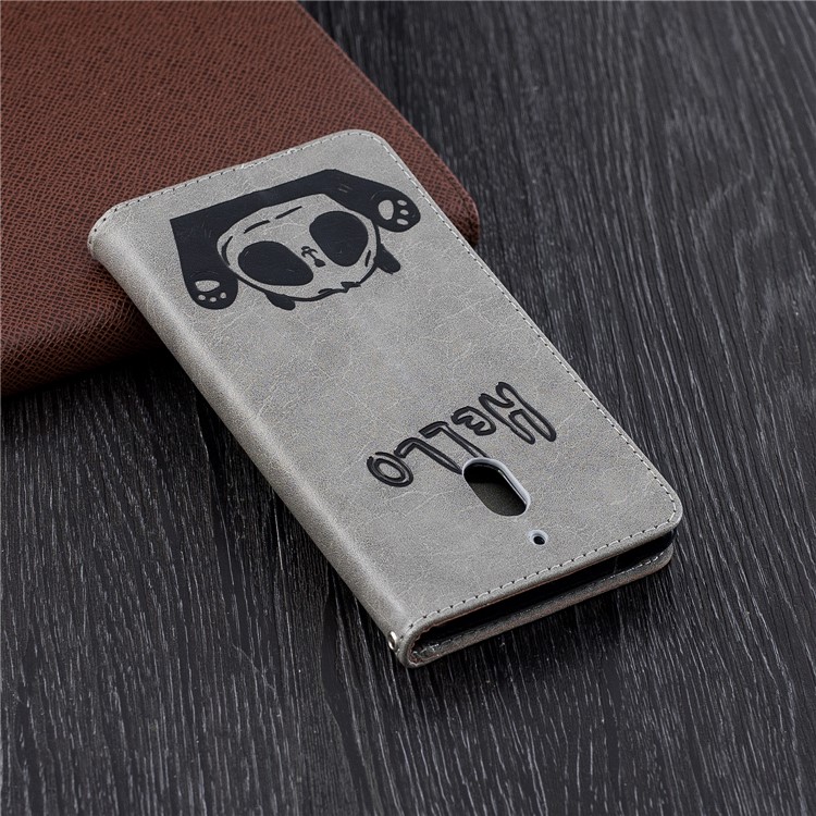 For Nokia 2.1 Imprinted Hello Panda Wallet Stand Leather Mobile Case - Grey-3