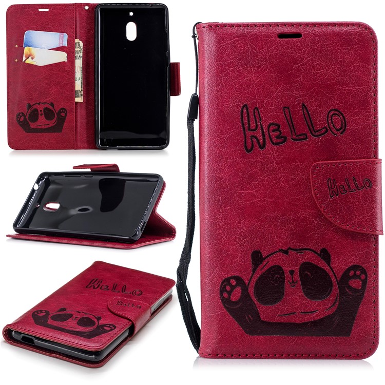 For Nokia 2.1 Imprinted Hello Panda Wallet Stand Leather Mobile Cover - Rose-1