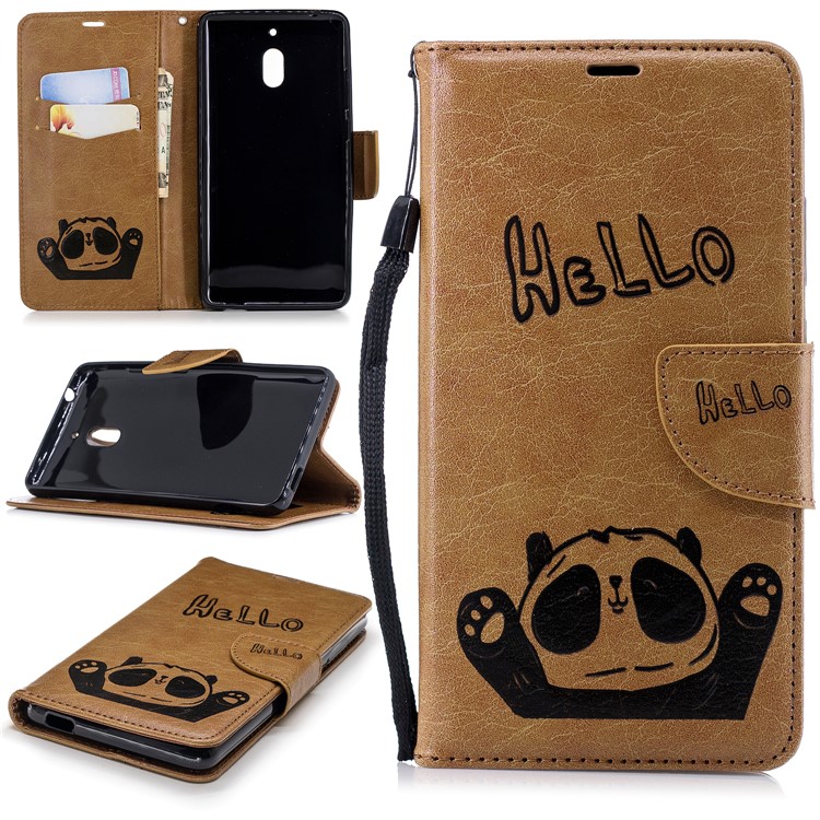For Nokia 2.1 Imprinted Hello Panda Wallet Stand Leather Mobile Shell - Brown-1
