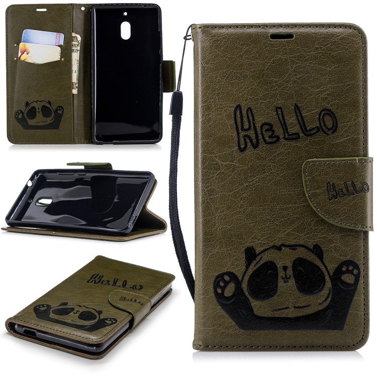 For Nokia 2.1 Imprinted Hello Panda Wallet Stand Leather Phone Cover Case - Green-1