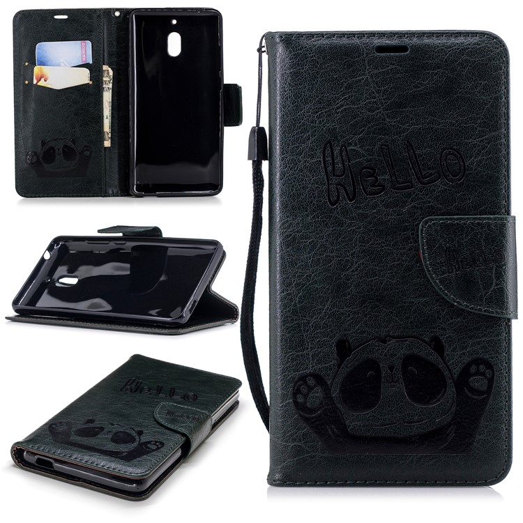 For Nokia 2.1 Imprinted Hello Panda Wallet Stand Leather Cell Phone Cover - Blackish Green-1