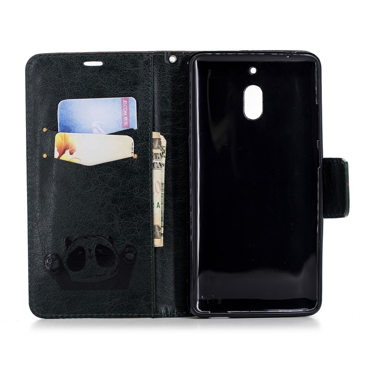 For Nokia 2.1 Imprinted Hello Panda Wallet Stand Leather Cell Phone Cover - Blackish Green-10
