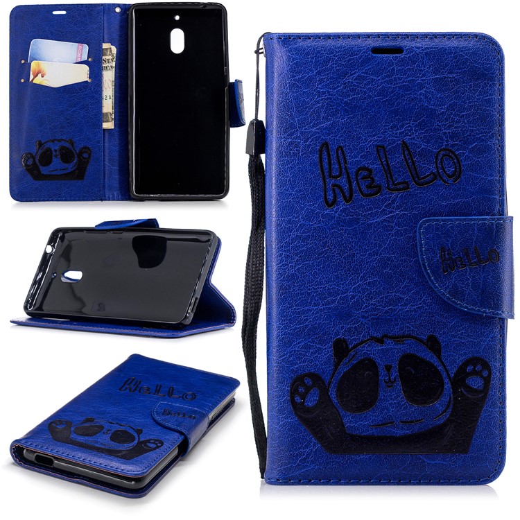 For Nokia 2.1 Imprinted Hello Panda Wallet Stand Leather Case Accessory - Blue-1