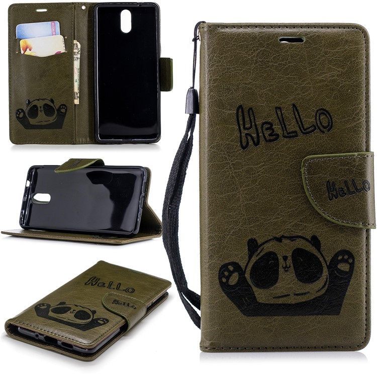 Imprinted Hello Panda Wallet Leather Mobile Phone Casing for Nokia 3.1 - Green-1