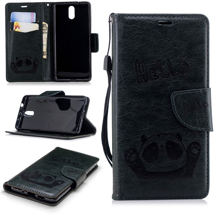 Imprinted Hello Panda Wallet Leather Stand Case Accessory for Nokia 3.1 - Blackish Green-1