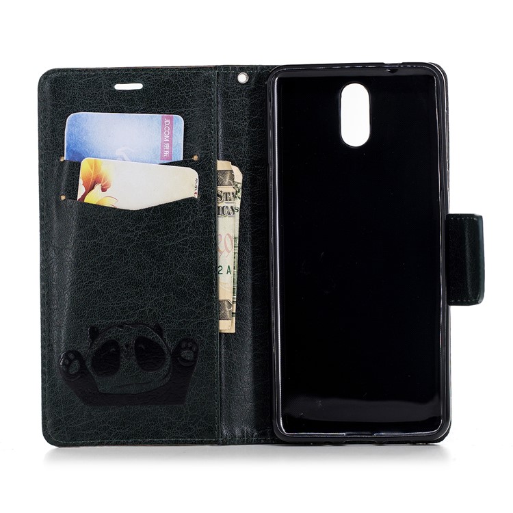 Imprinted Hello Panda Wallet Leather Stand Case Accessory for Nokia 3.1 - Blackish Green-10