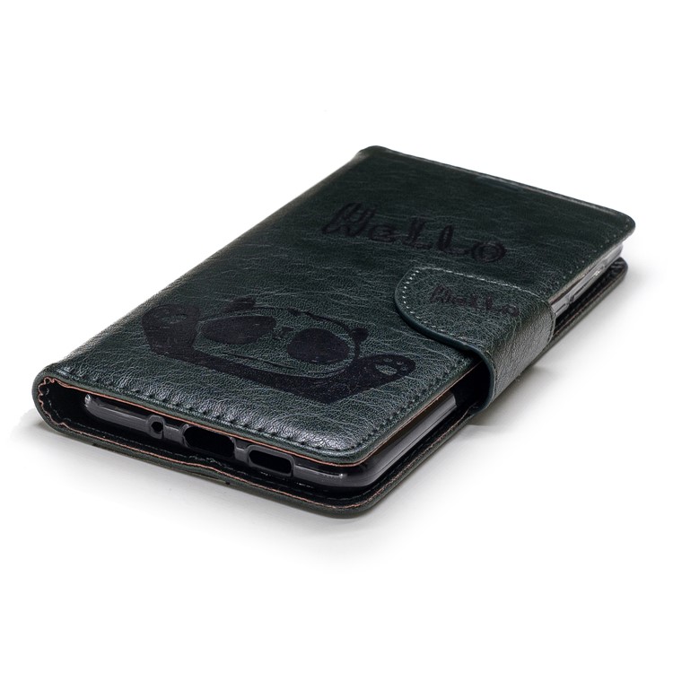 Imprinted Hello Panda Wallet Leather Stand Case Accessory for Nokia 3.1 - Blackish Green-8