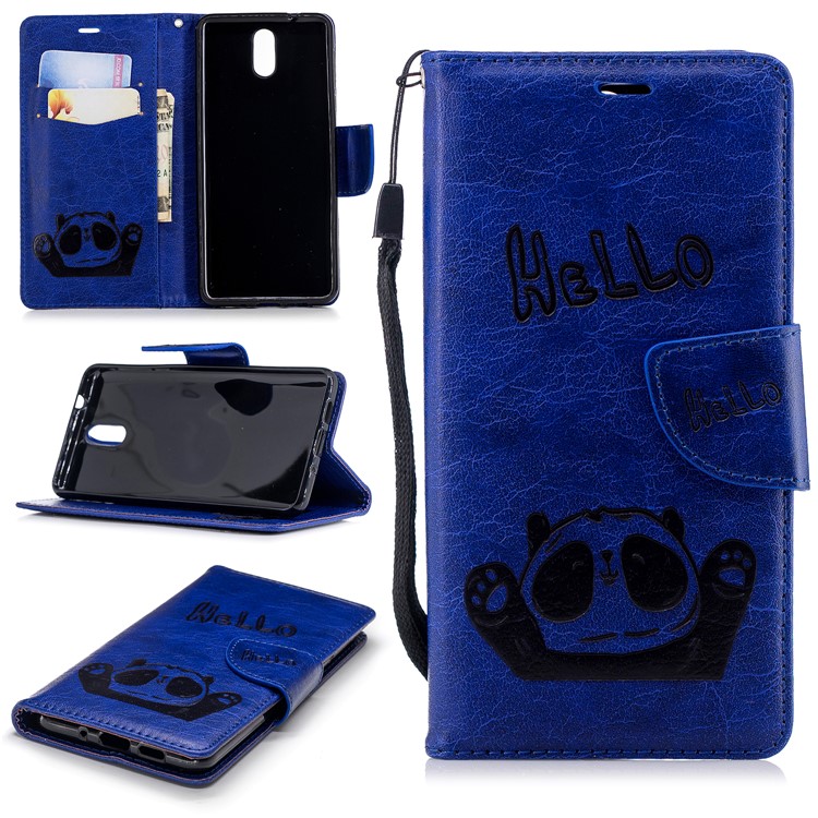 Imprinted Hello Panda Wallet Leather Protector Cover Case for Nokia 3.1 - Blue-1