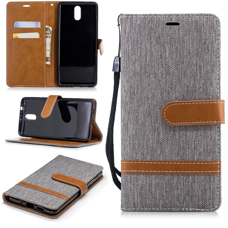 Carteira De Pano De Cor Sortida Jeans Stand Capa De Couro Para Nokia 3.1 - Cinzento-1