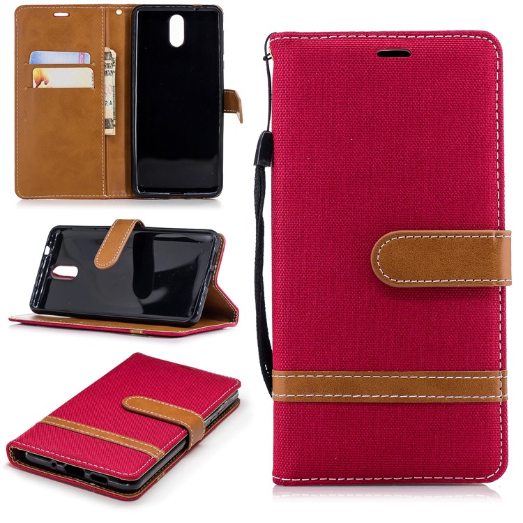 Assorted Color Jeans Cloth Leather Wallet Case for Nokia 3.1 - Red-1