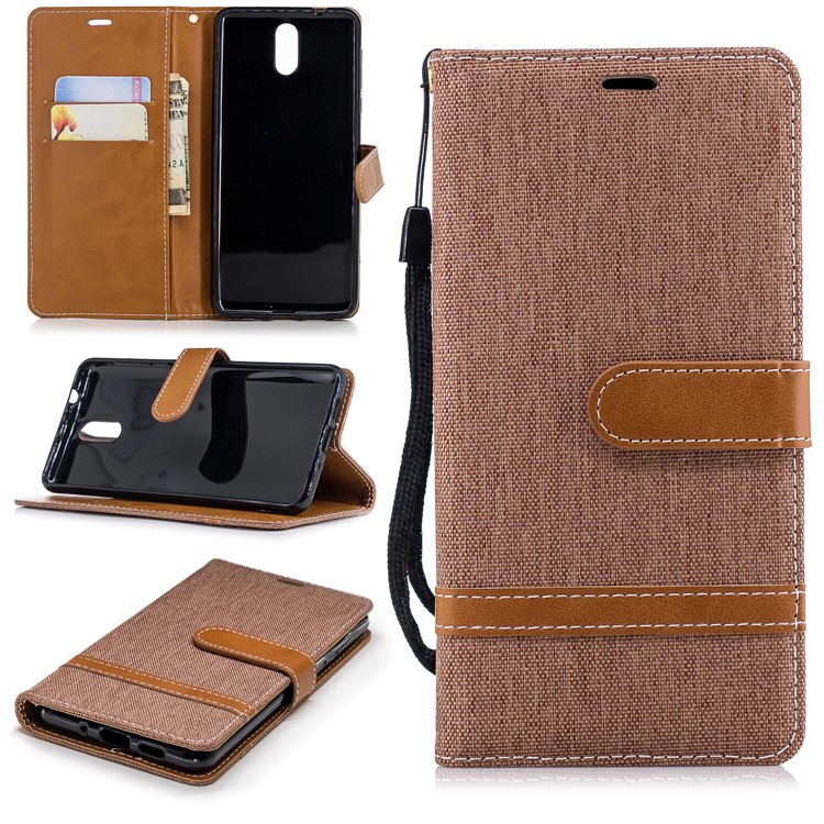 Assorted Color Jeans Cloth Leather Wallet Phone Case for Nokia 3.1 - Khaki-1