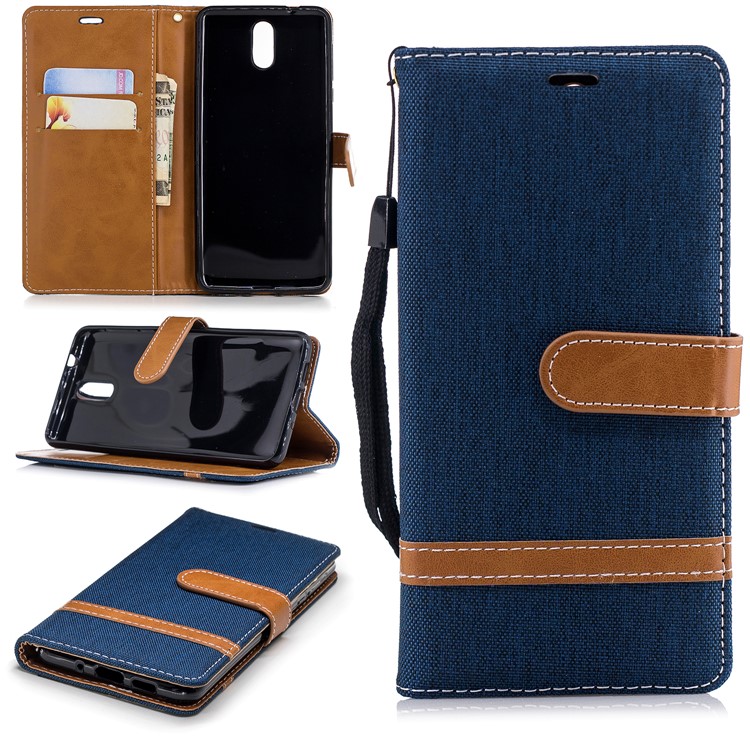 Assorted Color Jeans Cloth Wallet Leather Mobile Phone Case for Nokia 3.1 - Dark Blue-1