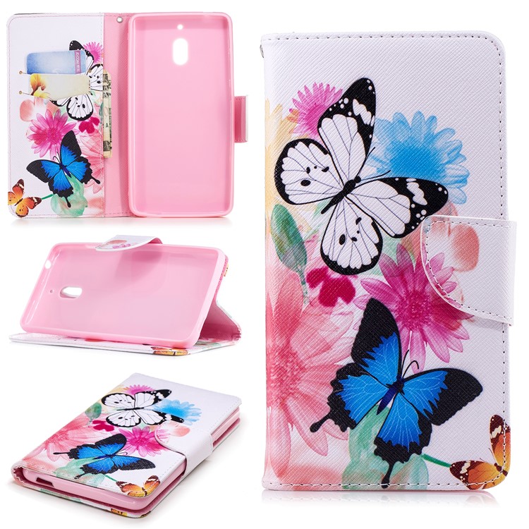 Pattern Printing PU Leather Protection Cell Phone Cover for Nokia 2.1 - Butterflies and Flowers-1