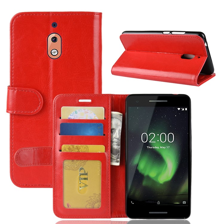Crazy Horse Texture Wallet Stand Leather Phone Shell for Nokia 2.1 - Red-2