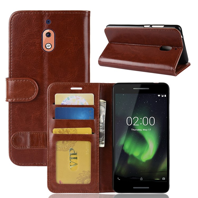 Crazy Horse Texture Wallet Stand Leather Mobile Casing for Nokia 2.1 - Brown-1