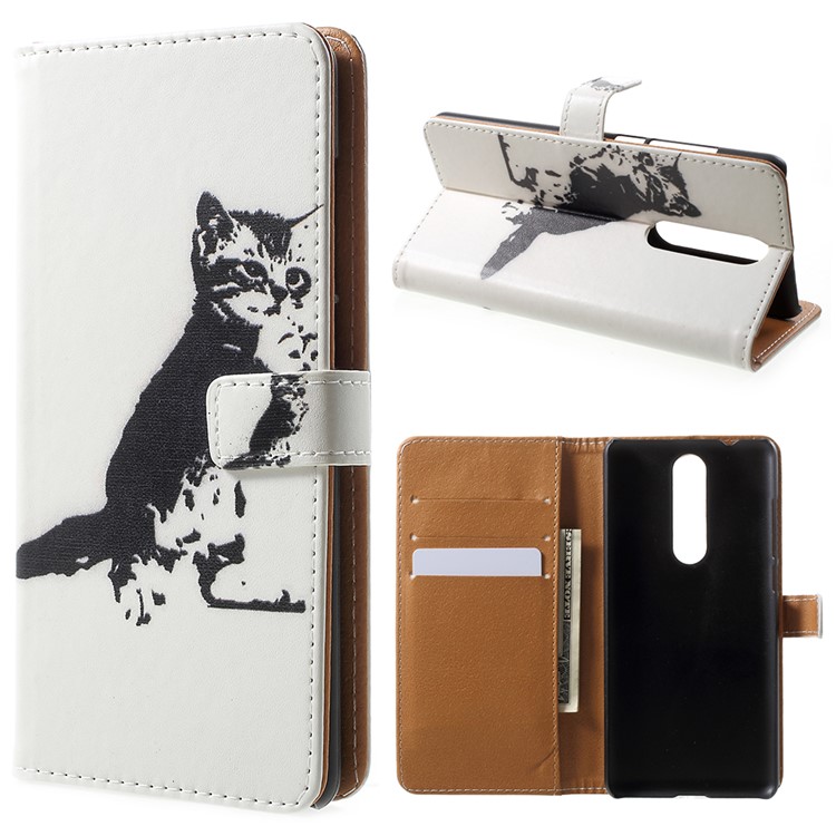 For Nokia 5.1 Pattern Printing Leather Folio Wallet Stand Casing - Black and White Cat-1