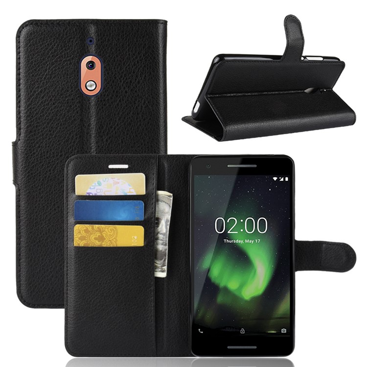 Litchi Skin PU Leather Magnetic Wallet Stand Case for Nokia 2.1 - Black-1