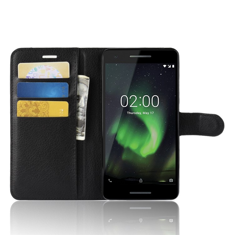 Litchi Skin PU Leather Magnetic Wallet Stand Case for Nokia 2.1 - Black-4