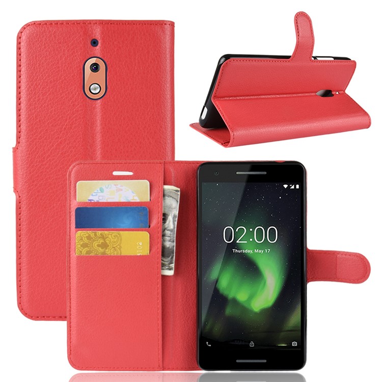 Litchi Skin PU Leather Magnetic Wallet Stand Shell for Nokia 2.1 - Red-1