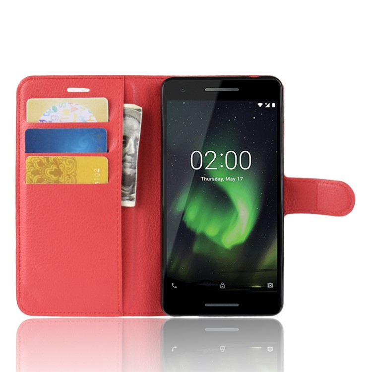Litchi Skin PU Leather Magnetic Wallet Stand Shell for Nokia 2.1 - Red-4