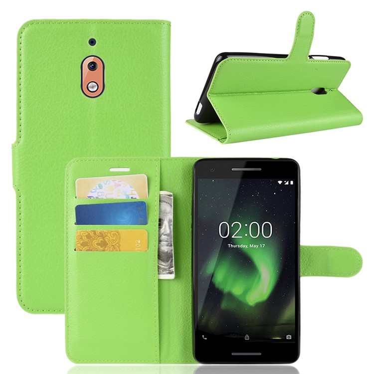 Litchi Skin PU Leather Magnetic Wallet Stand Cell Phone Case for Nokia 2.1 - Green-1