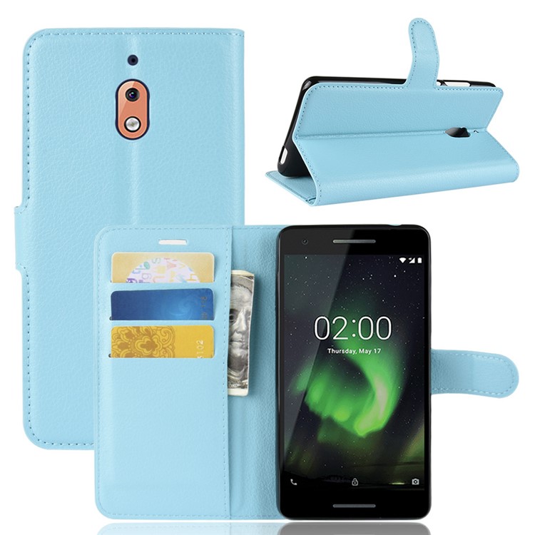 Litchi Skin PU Leather Magnetic Wallet Stand Mobile Phone Shell for Nokia 2.1 - Blue-1