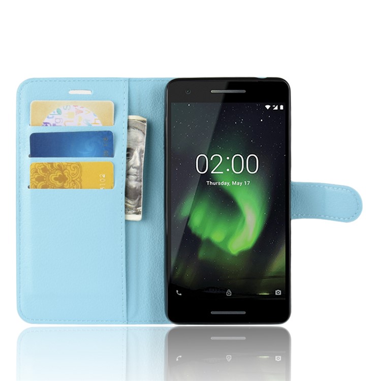 Litchi Skin PU Leather Magnetic Wallet Stand Mobile Phone Shell for Nokia 2.1 - Blue-4