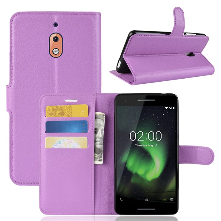 Litchi Skin PU Leather Magnetic Wallet Stand Cell Phone Shell for Nokia 2.1 - Purple-1
