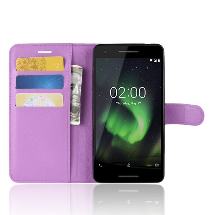 Litchi Skin PU Leather Magnetic Wallet Stand Cell Phone Shell for Nokia 2.1 - Purple-4