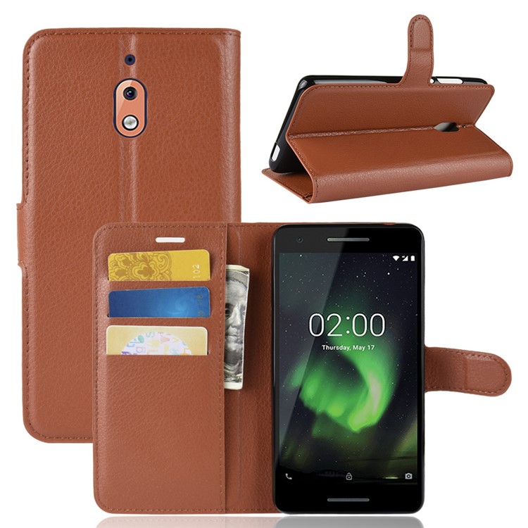 Litchi Skin PU Leather Magnetic Wallet Stand Protoective Case for Nokia 2.1 - Brown-1
