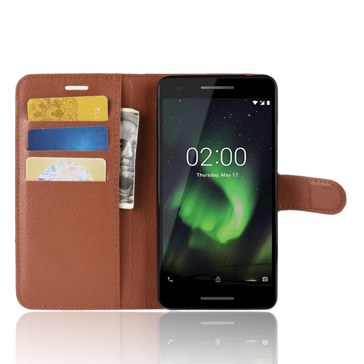 Litchi Skin PU Leather Magnetic Wallet Stand Protoective Case for Nokia 2.1 - Brown-4