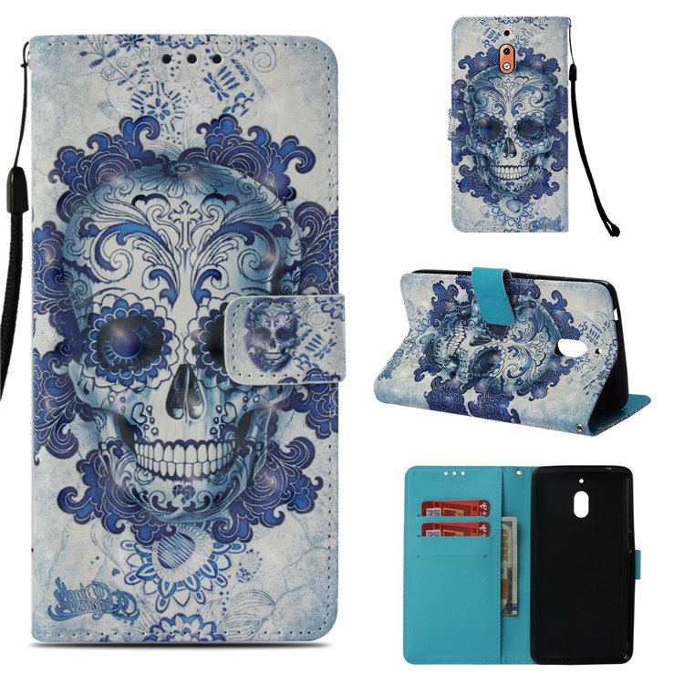 Pattern Printing Cell Phone Leather Wallet Case for Nokia 2.1 - Flowered Skull-1
