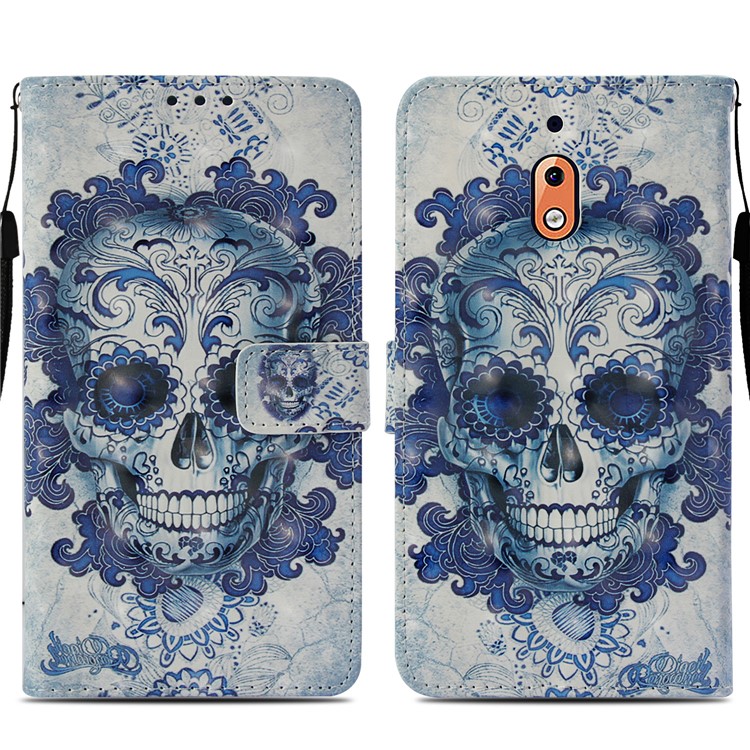 Pattern Printing Cell Phone Leather Wallet Case for Nokia 2.1 - Flowered Skull-3