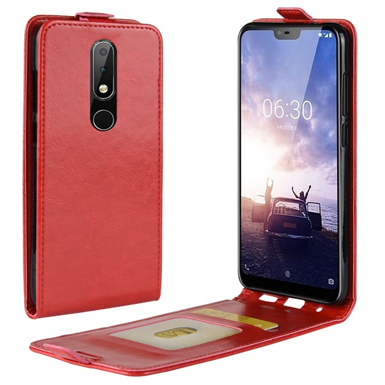 Crazy Horse Vertical Flip Card Holder Leather Shell for Nokia 5.1 Plus / X5 - Red-1