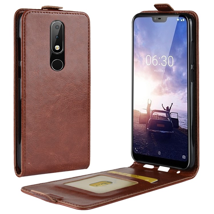 Crazy Horse Vertical Flip Card Slot Leather Casing for Nokia 5.1 Plus / X5 - Brown-1