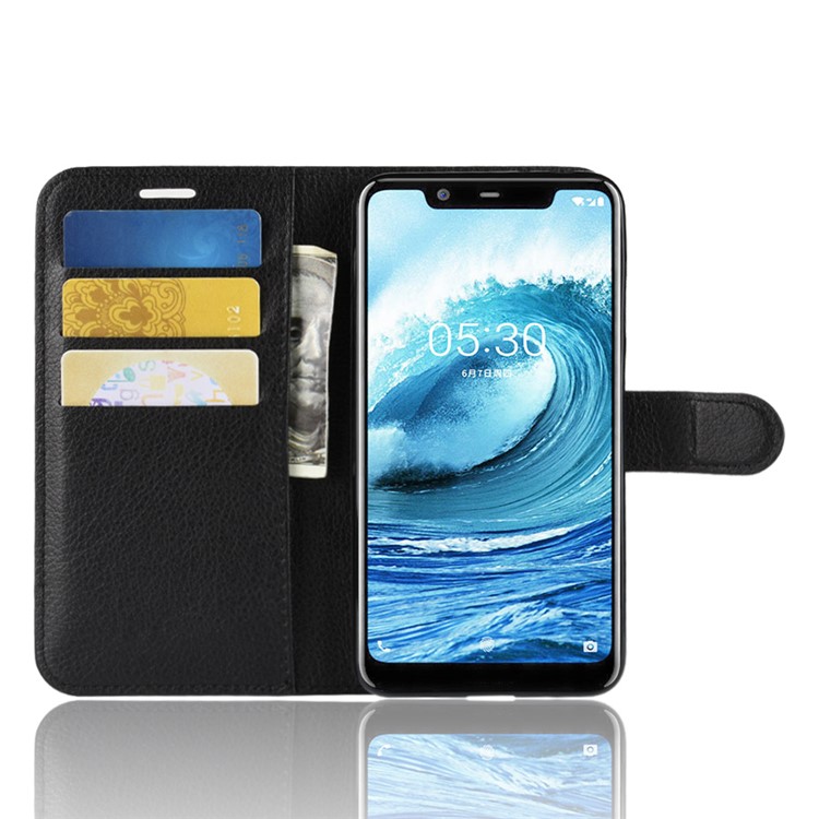 Litchi Skin Wallet Leather Stand Case for Nokia 5.1 Plus / X5 - Black-4