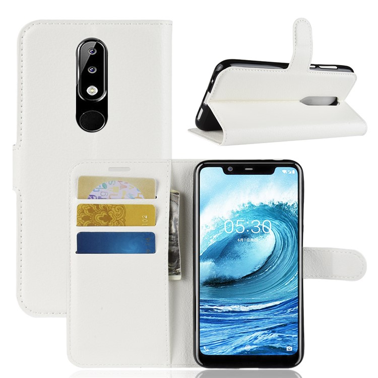 Litchi Skin Wallet Leather Stand Cover for Nokia 5.1 Plus / X5 - White-1