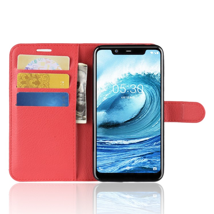 Litchi Skin Wallet Leather Phone Case for Nokia 5.1 Plus / X5 - Red-5