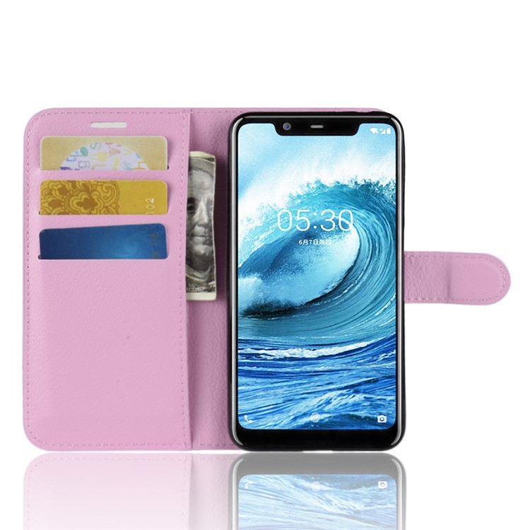Litchi Skin Leather Stand Case with Card Slots for Nokia 5.1 Plus / X5 - Pink-5