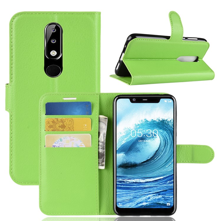 Litchi Skin Leather Stand Cover with Card Slots for Nokia 5.1 Plus / X5 - Green-1