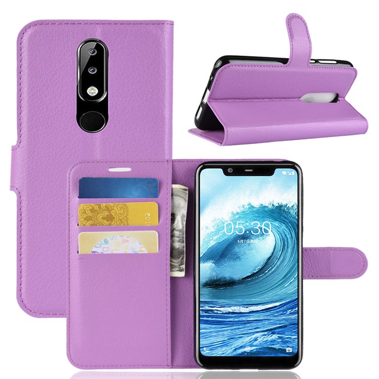 Litchi Skin Wallet Leather Protection Case for Nokia 5.1 Plus / X5 - Purple-1