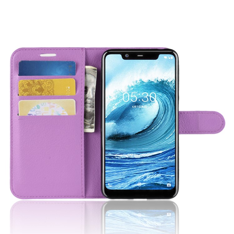 Litchi Skin Wallet Leather Protection Case for Nokia 5.1 Plus / X5 - Purple-5