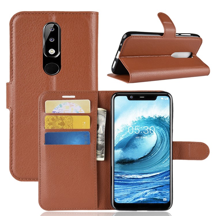 Litchi Skin Wallet Leather Protective Case for Nokia 5.1 Plus / X5 - Brown-1