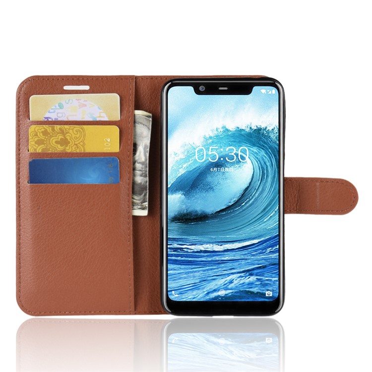 Litchi Skin Wallet Leather Protective Case for Nokia 5.1 Plus / X5 - Brown-5