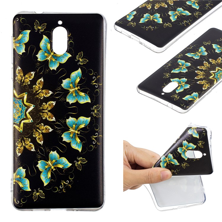 Pattern Printing Soft TPU Case for Nokia 3.1 - Gold and Blue Butterflies-1