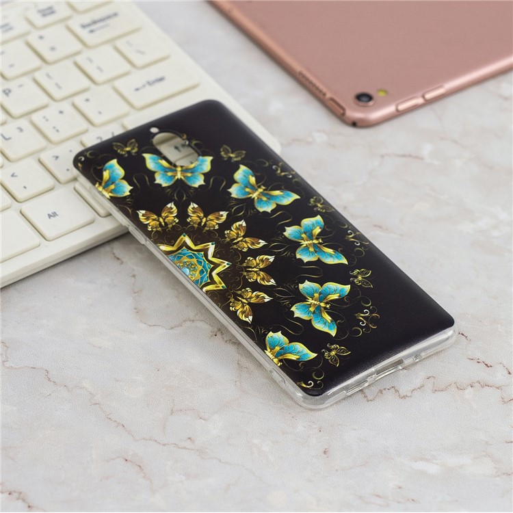 Pattern Printing Soft TPU Case for Nokia 3.1 - Gold and Blue Butterflies-6