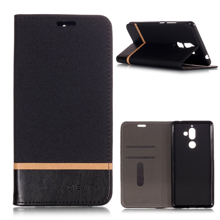 For Nokia 7 plus Cloth Texture Splicing PU Leather Phone Case with Card Holder - Black-1