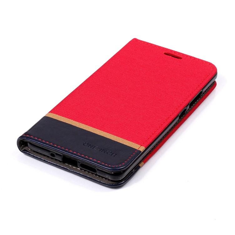 For Nokia 7 plus Cloth Texture Splicing PU Leather Shell with Card Holder - Red-4