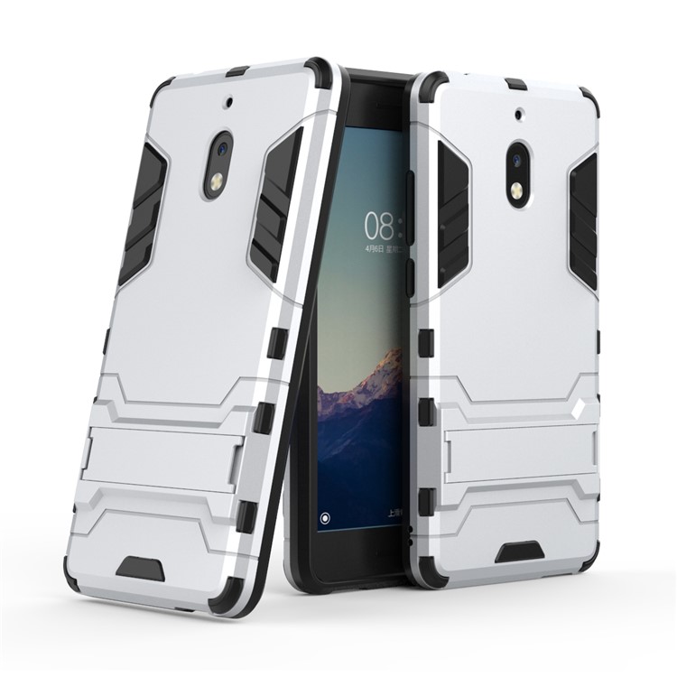 Cool Guard Plastic TPU Hybrid Phone Back Case Accessory with Kickstand for Nokia 2.1 - Silver-1